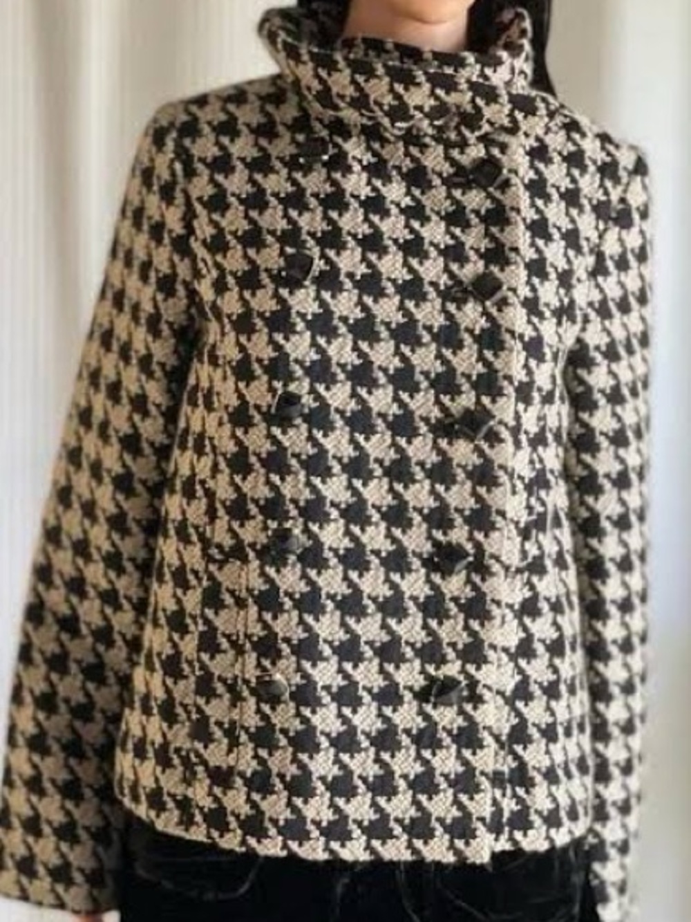 Tibi Black & Cream Houndstooth Double-Breasted Pea Coat Size 4